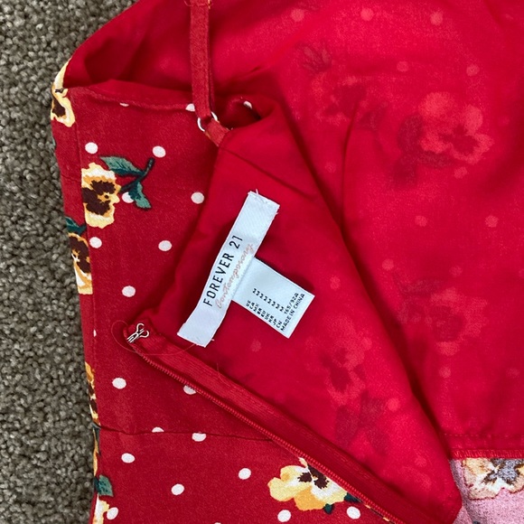 Forever 21 red w/ yellow floral & white dots details midi summer dress, medium - Picture 5 of 15